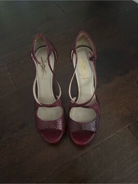 Yves Saint Laurent (YSL) platform sandals, burgundy and plum snakeskin.